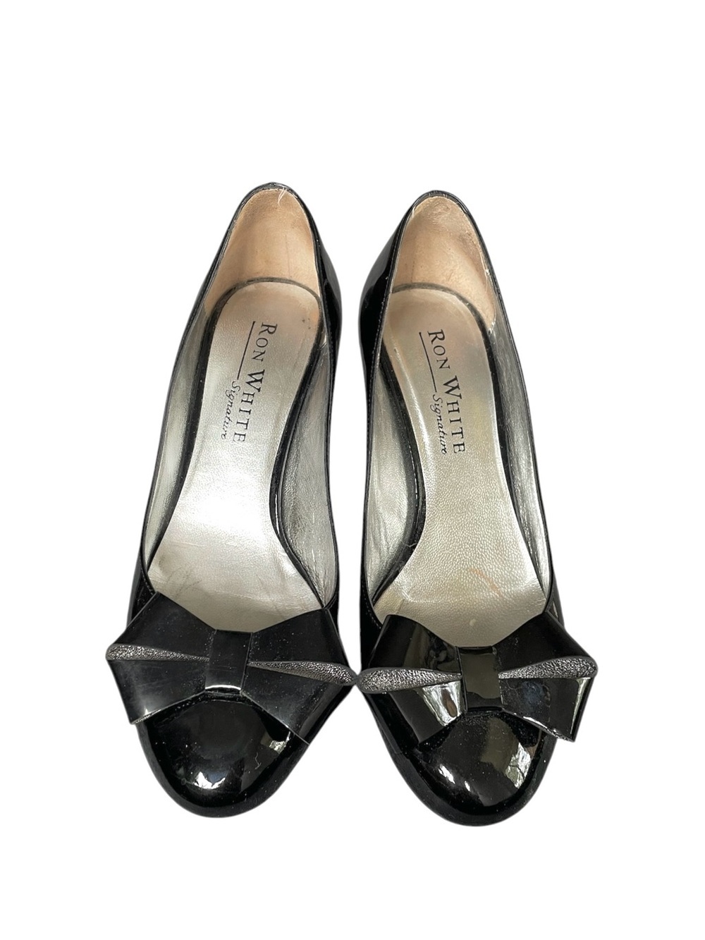 RON WHITE Black Patent Bow Peep-Toe Heels 37.5